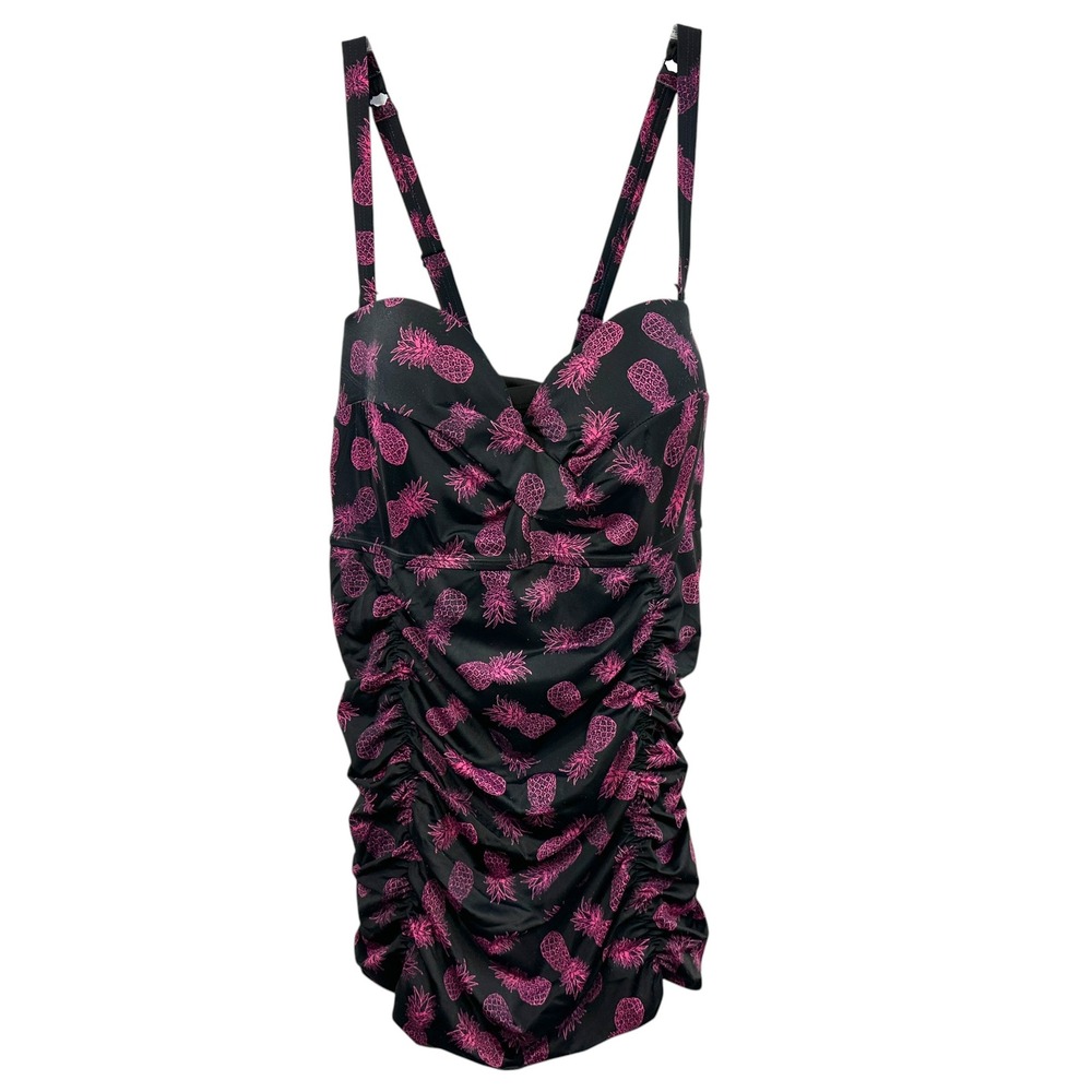 Torrid Plus Size 2X Swim Top Pink Pineapple Ruched Black Sweetheart Swimsuit 160